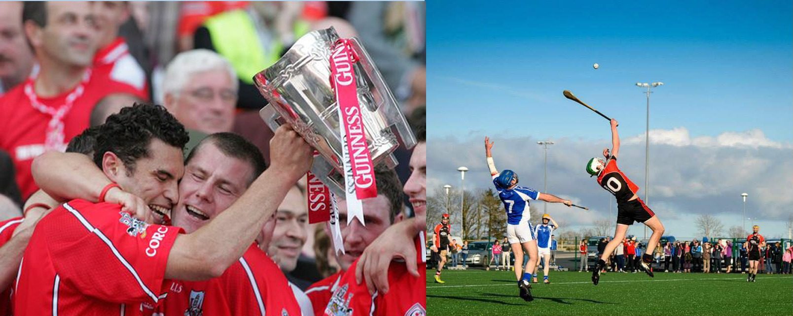 Seán Óg celebrates victory with other Cork players, opposite Ballyhaunis GAA members at play