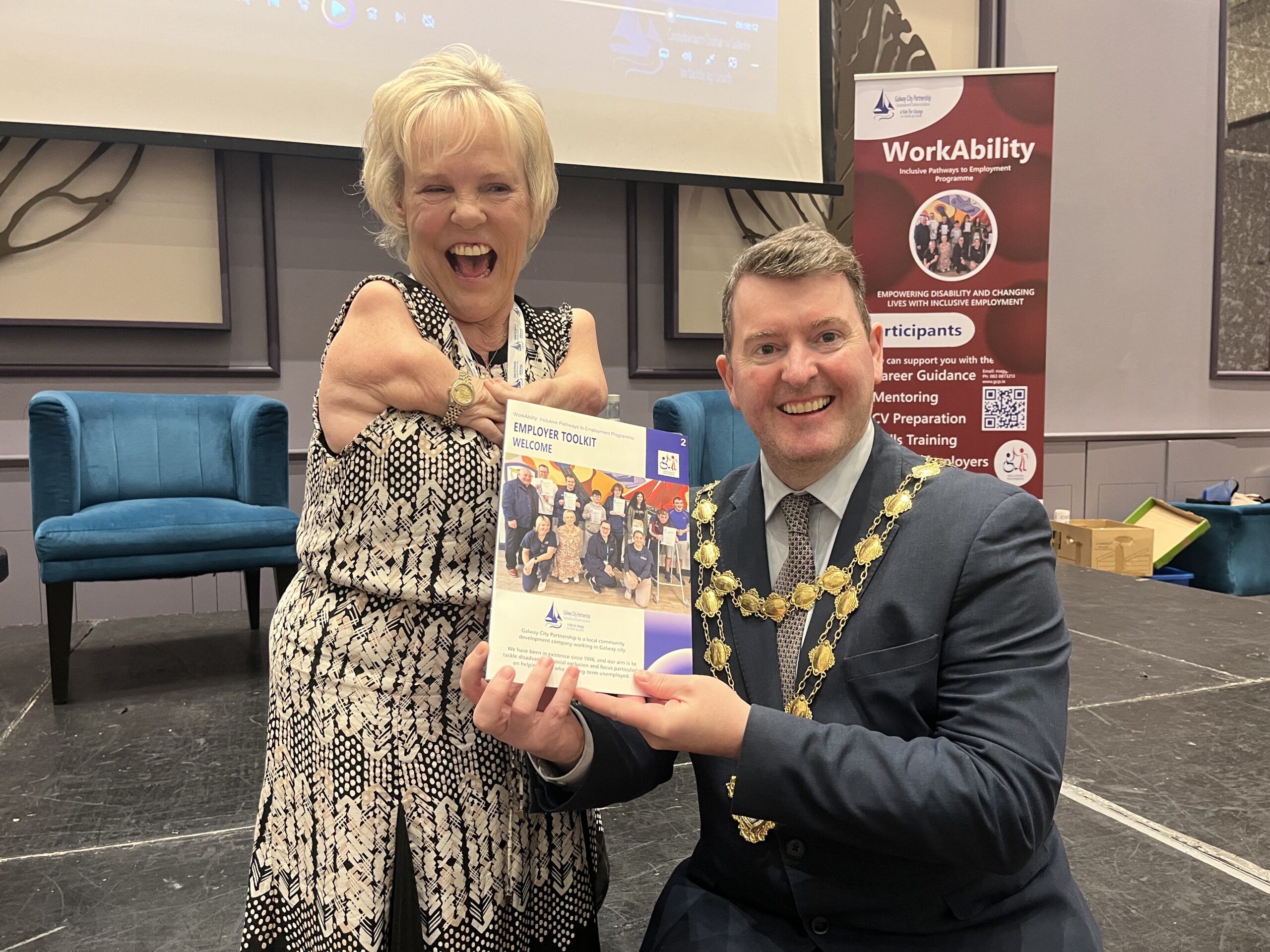 • Maggie Woods of Galway City Partnership and Mayor of Galway, Peter Keane at the launch.